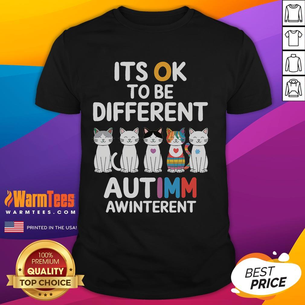 Alt Text: Cute Autism Awareness Cat T-Shirt with 'It's OK to be Different' slogan, promoting acceptance and diversity.