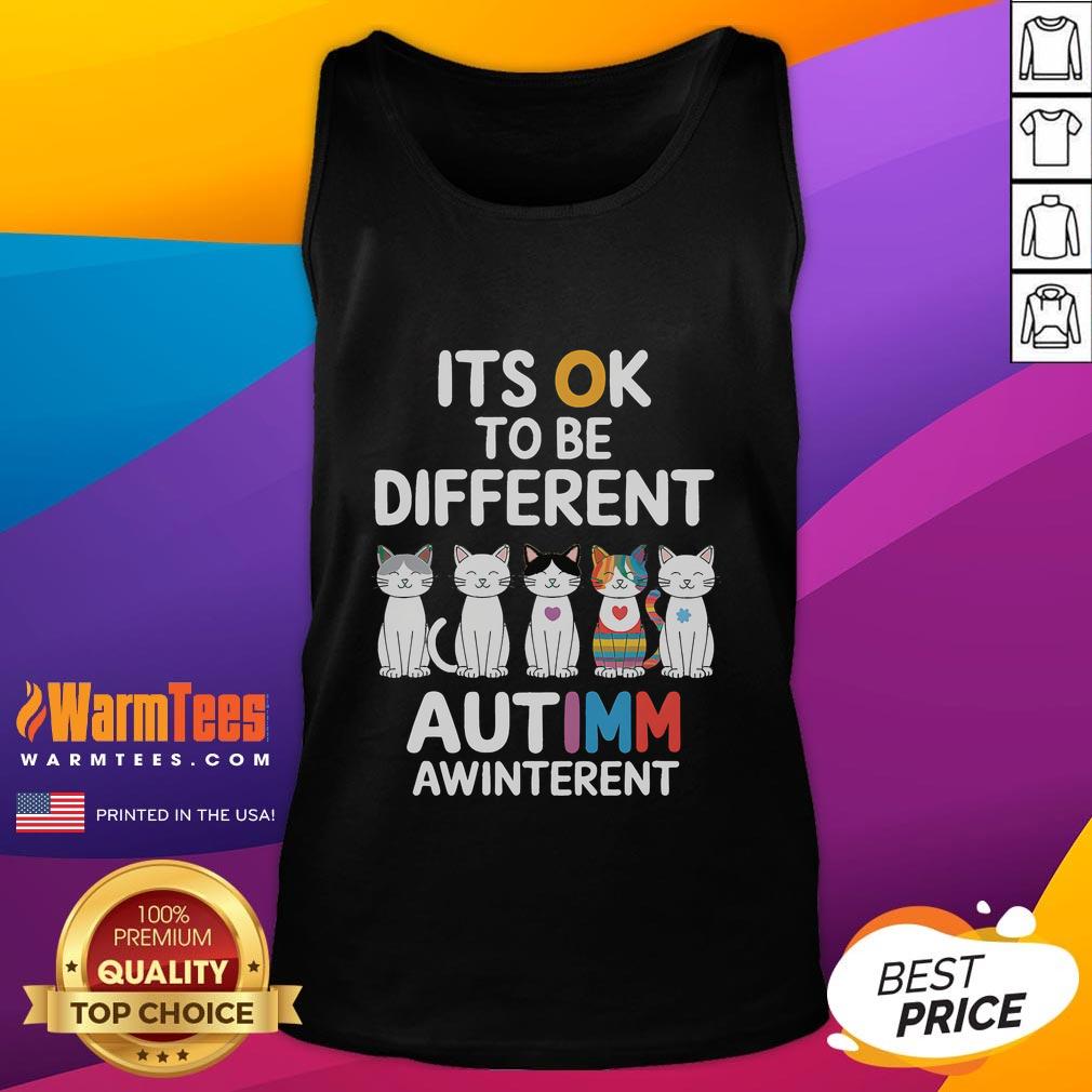 Adorable cat tank top design promoting autism awareness with the message 'It's OK to Be Different' for a positive vibe.