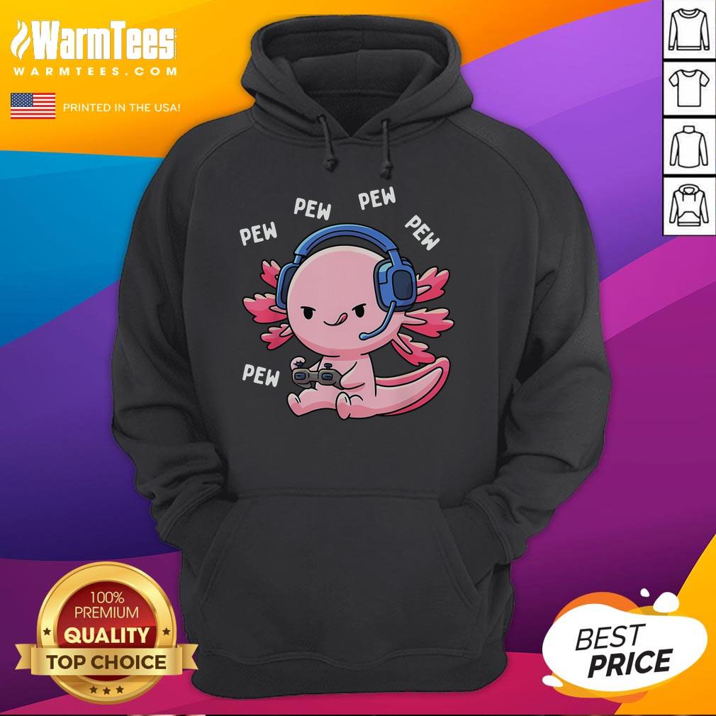 Alt Text: Cute Axolotl gaming anime design on a Pew Gamer hoodie, perfect for video game enthusiasts and gamers.