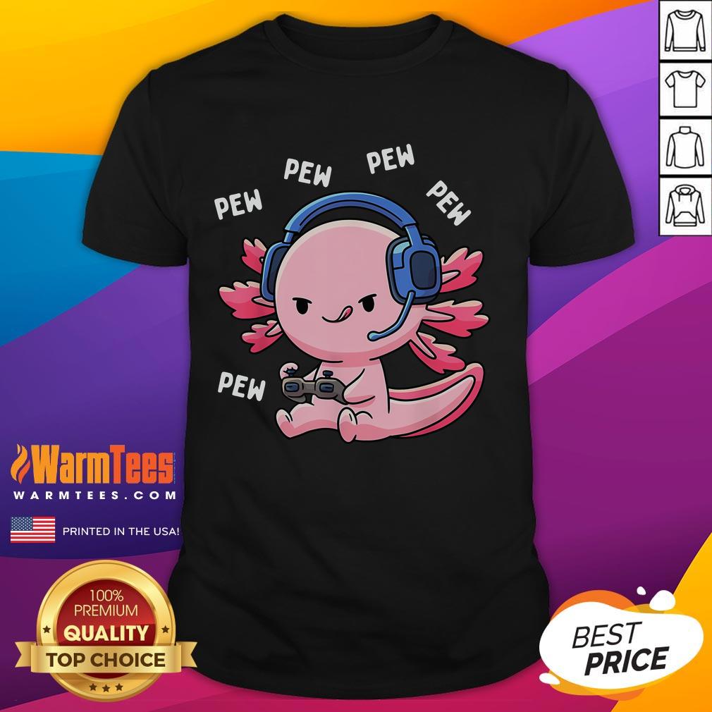 Adorable axolotl gaming anime design on a Pew Gamer T-shirt, perfect for gamers and anime lovers.