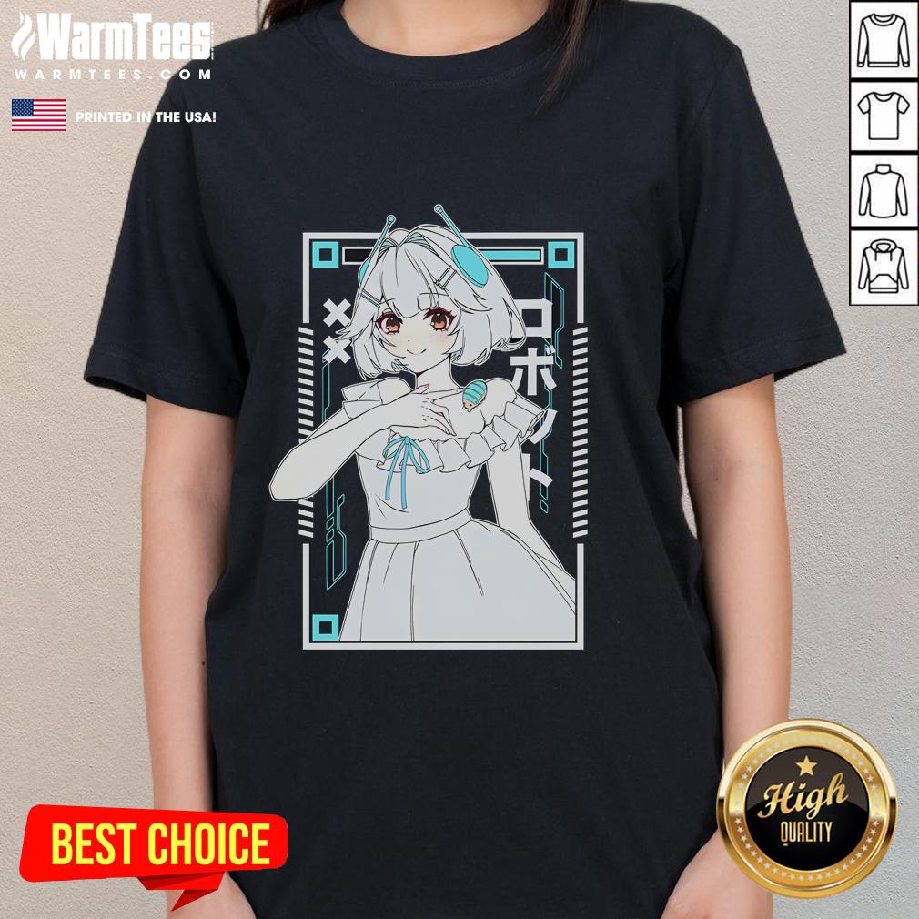 Adorable Cute Ellie Minibot design on a ladies tee, featuring a charming Vtuber robot character in vibrant colors.