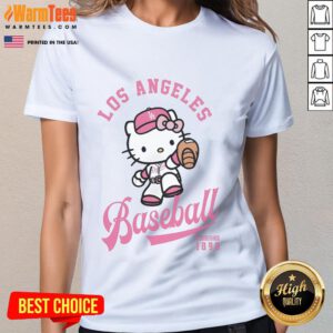 Cute Hello Kitty Los Angeles Dodgers ladies tee featuring playful design and team colors, perfect for fans.