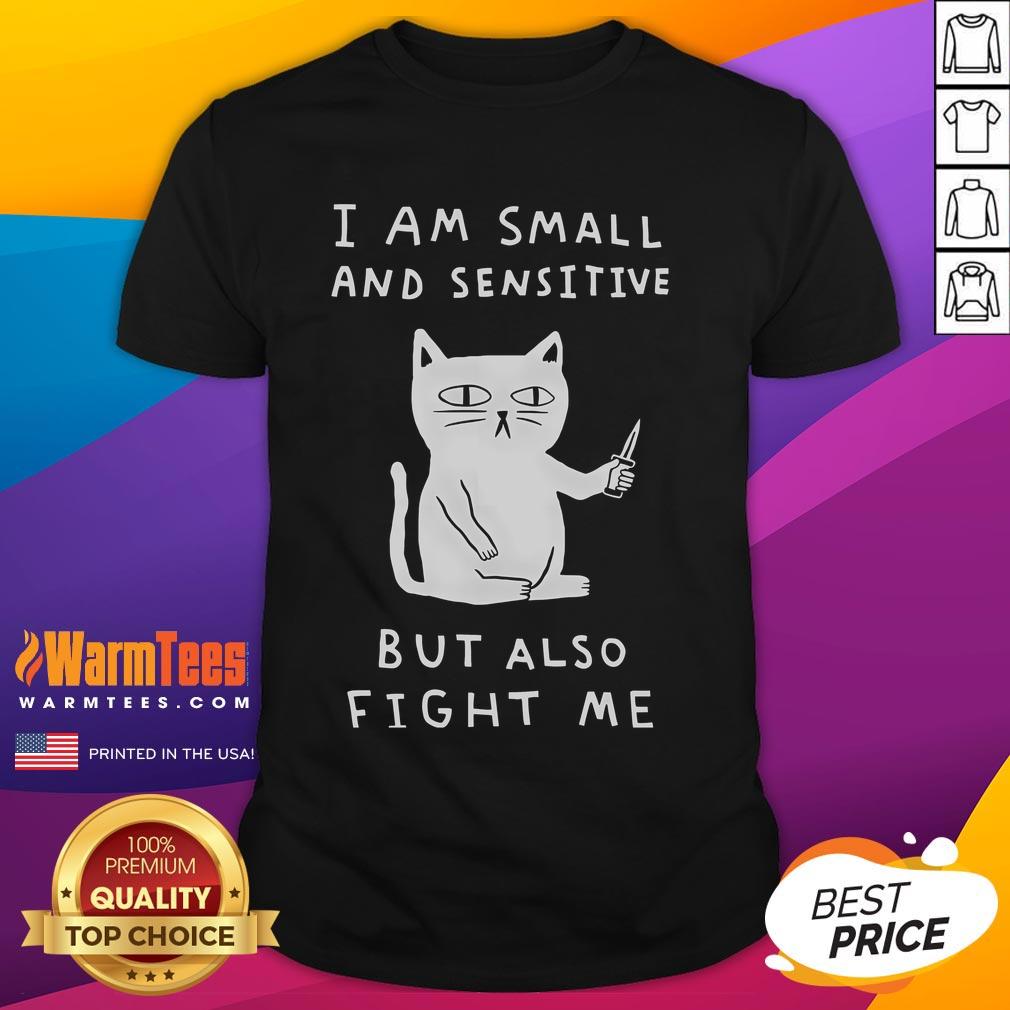 Alt Text: Cute I Am Small And Sensitive But Also Fight Me Cat T-Shirt featuring a playful cat graphic and bold text design.