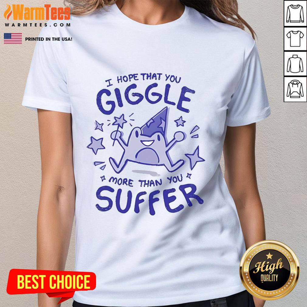 Adorable 'I Hope You Giggle More Than You Suffer' frog witch ladies tee featuring a whimsical design and vibrant colors.