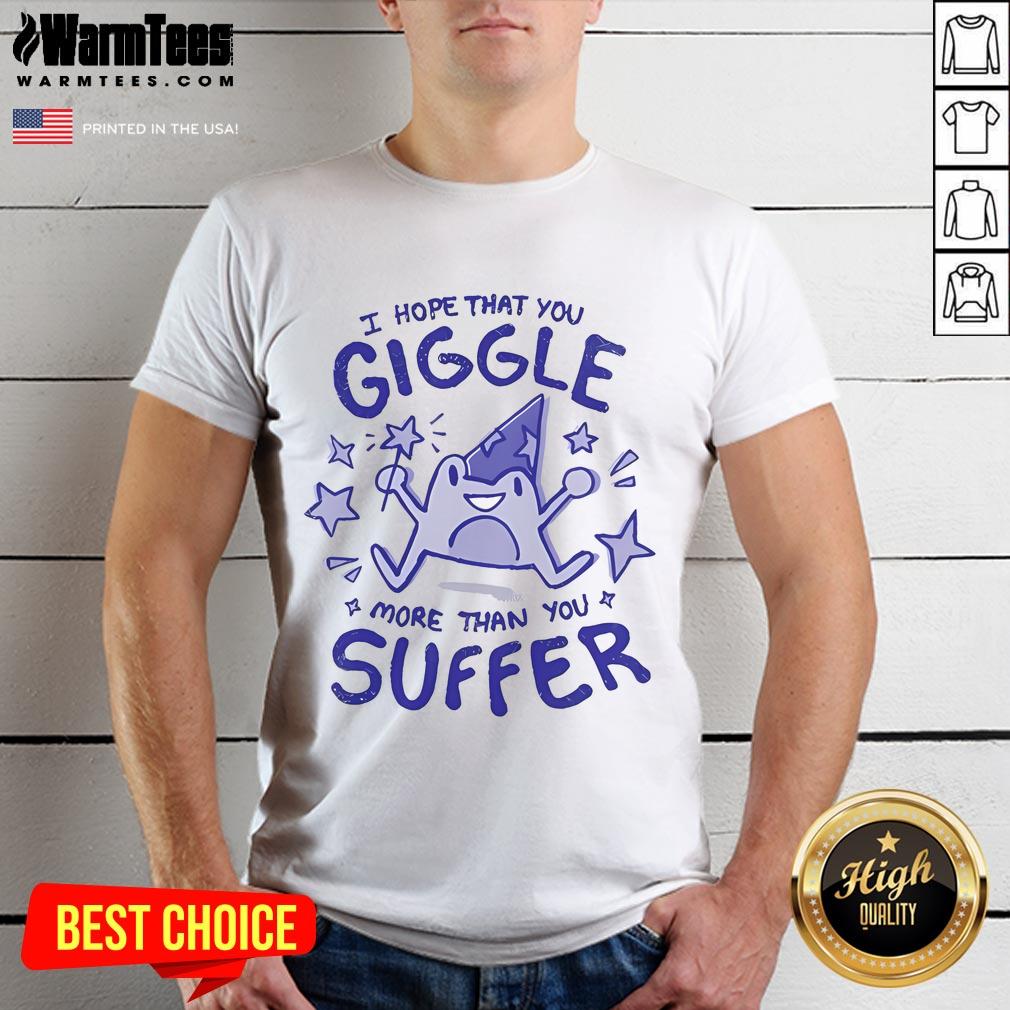 Alt Text: Cute frog witch t-shirt with I Hope That You Giggle More Than You Suffer slogan, perfect for Halloween and fun occasions.