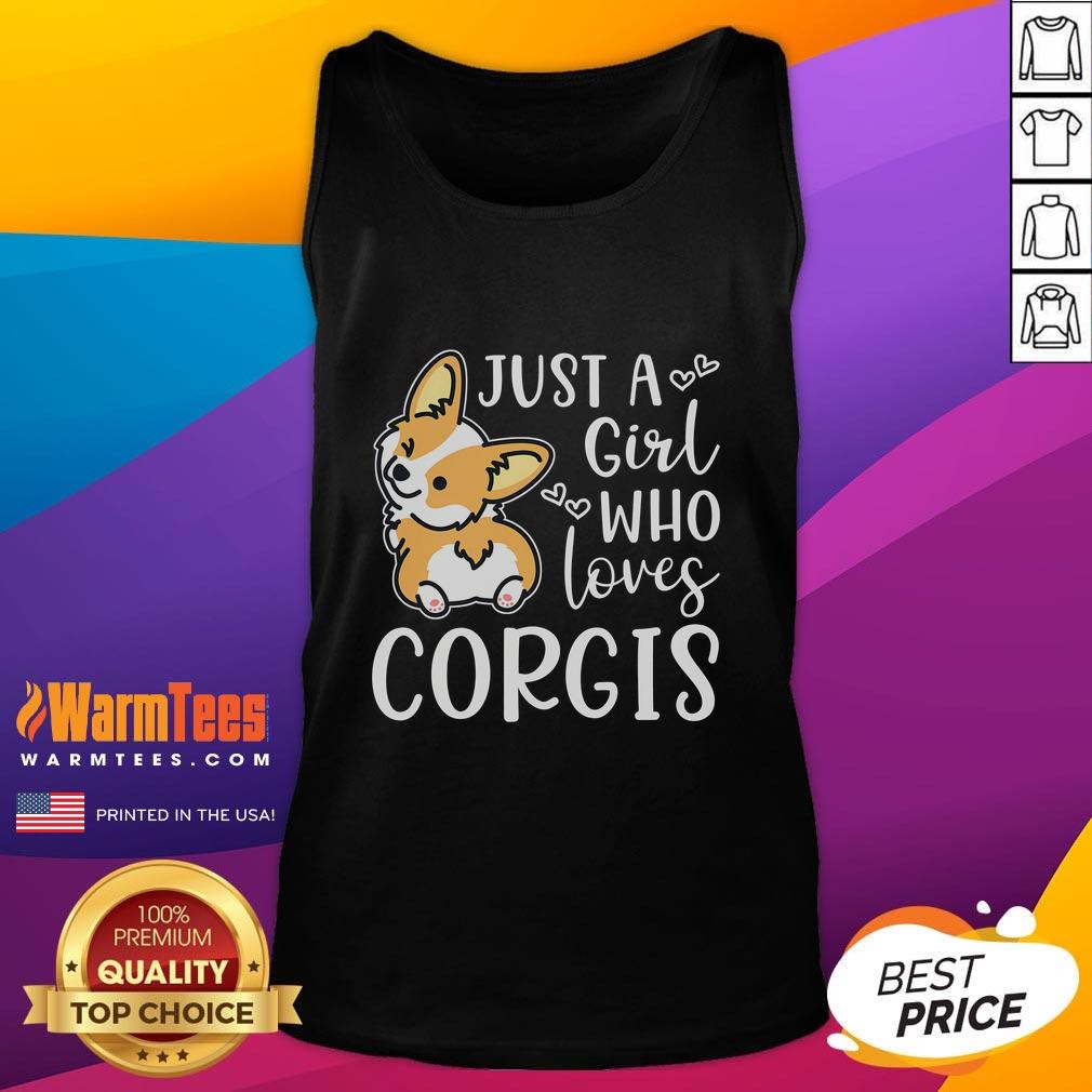Cute girl wearing a 'Just a Girl Who Loves Corgis' tank top, smiling with her corgi in a sunny park setting.