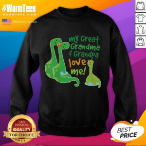 Adorable child wearing a Cute My Great Grandma and Great Grandpa Love Me Apatosaurus sweatshirt, smiling happily.