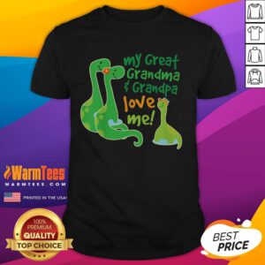 Alt Text: Cute My Great Grandma and Great Grandpa Love Me Apatosaurus T-Shirt featuring a playful dinosaur design.