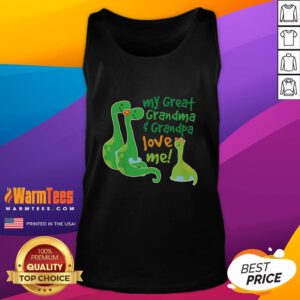 Adorable child wearing a 'My Great Grandma and Great Grandpa Love Me' Apatosaurus tank top, smiling in a sunny park.