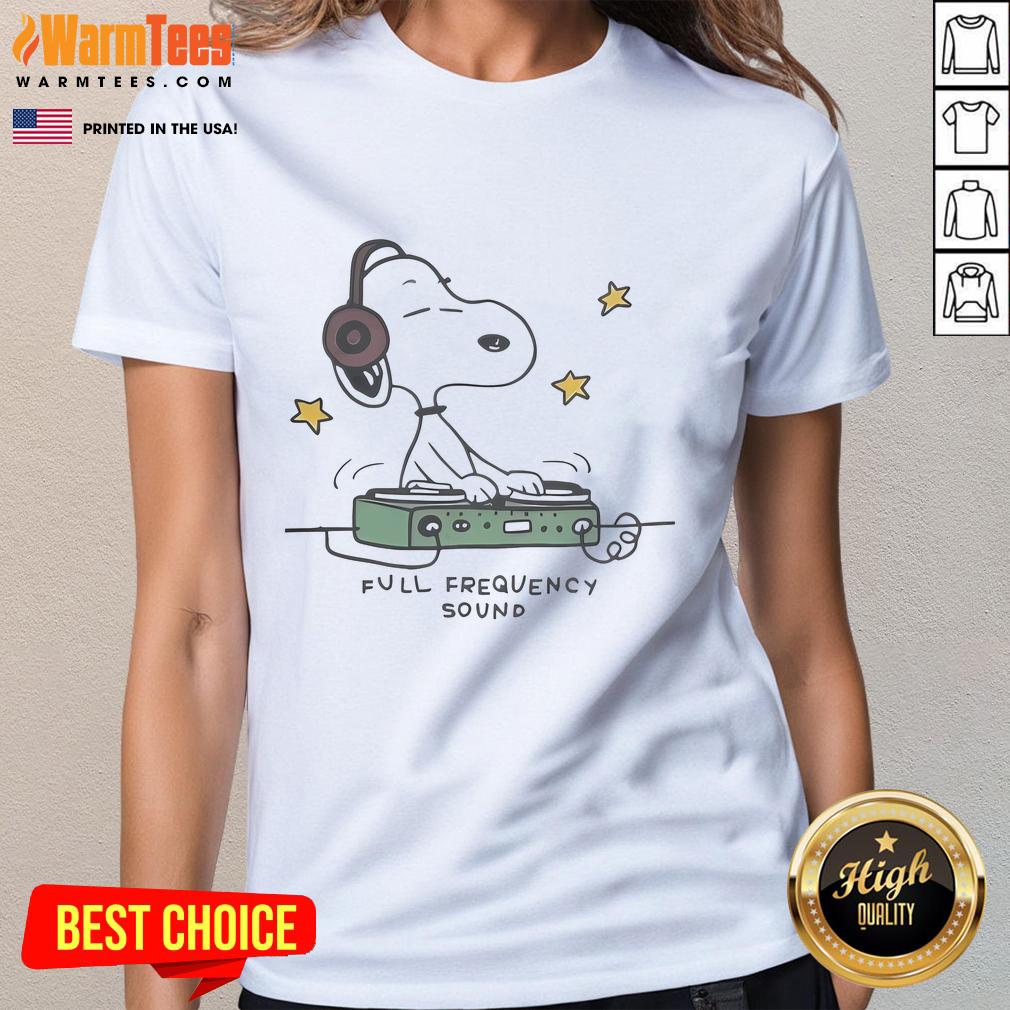 Alt Text: Cute Snoopy DJ graphic on a ladies tee, showcasing full-frequency sound design for music lovers and fans.