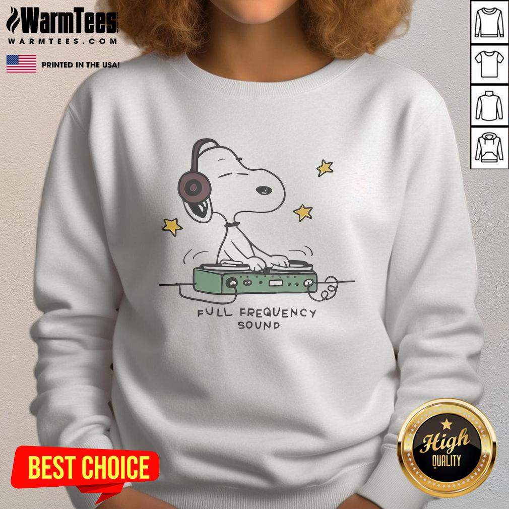 Alt Text: Cute Snoopy DJ Full Frequency Sound Sweatshirt featuring vibrant graphics of Snoopy as a DJ in colorful attire.