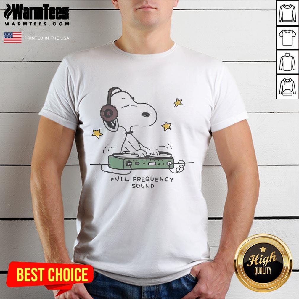 Adorable Cute Snoopy DJ Full Frequency Sound T-Shirt featuring Snoopy as a DJ with colorful sound waves.