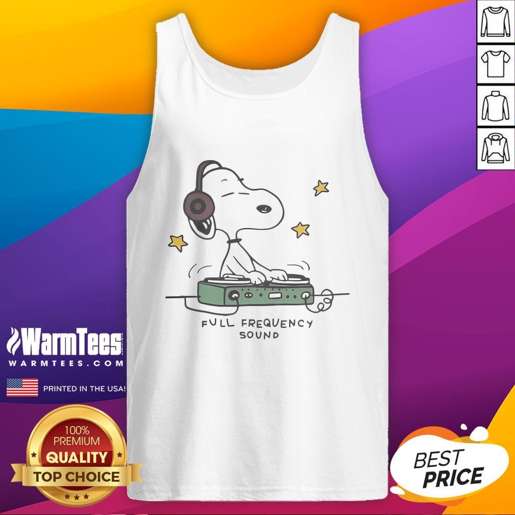 Adorable Snoopy DJ graphic on a full frequency sound tank top, perfect for music lovers and Peanuts fans.