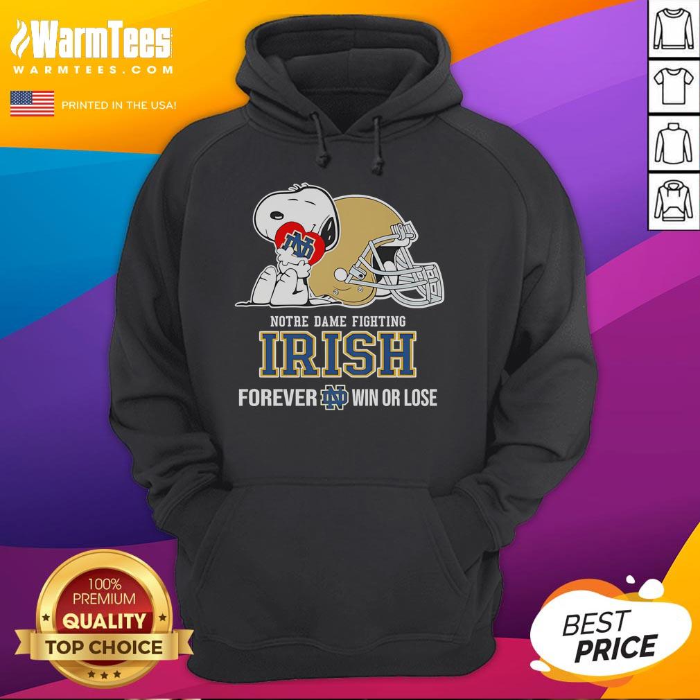 Alt Text: Cute Snoopy hugging a heart on a Notre Dame Fighting Irish hoodie, symbolizing loyalty win or lose.