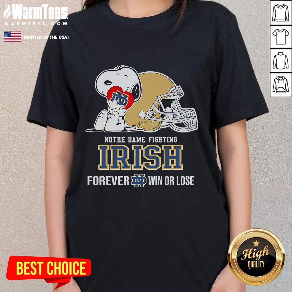 Cute Snoopy hugging a heart in Notre Dame Fighting Irish Forever Win or Lose Ladies Tee design.