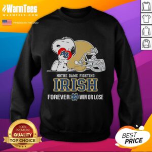 Alt Text: Cute Snoopy hugging a heart on a Notre Dame Fighting Irish sweatshirt, perfect for fans win or lose.