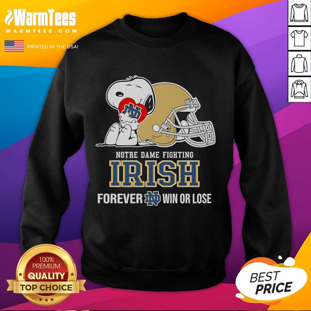 Alt Text: Cute Snoopy hugging a heart on a Notre Dame Fighting Irish sweatshirt, perfect for fans win or lose.