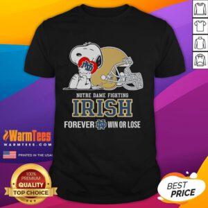 Alt Text: Cute Snoopy hugging a heart on a Notre Dame Fighting Irish t-shirt, celebrating fandom forever, win or lose.
