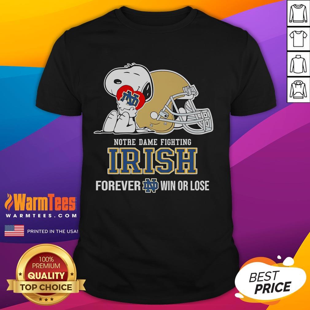 Alt Text: Cute Snoopy hugging a heart on a Notre Dame Fighting Irish t-shirt, celebrating fandom forever, win or lose.