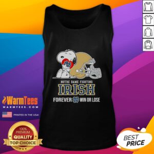 Cute Snoopy hugging a heart on a Notre Dame Fighting Irish Forever tank top, perfect for fans win or lose.