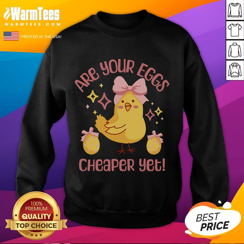 Funny 'Are Your Eggs Cheaper Yet?' cute chicken sweatshirt design featuring a playful graphic of a chicken and eggs.
