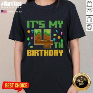 Funny birthday boy wearing a pixelated video game tee celebrating his 4th birthday with joy and laughter.