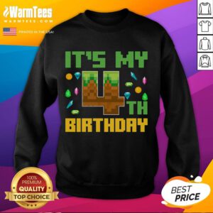 Funny birthday boy wearing a pixel video game sweatshirt, celebrating his 4th birthday with a big smile.