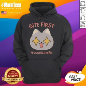 Adorable cat in a Funny Bite First Apologize Never hoodie, showcasing a playful and humorous pet fashion statement.
