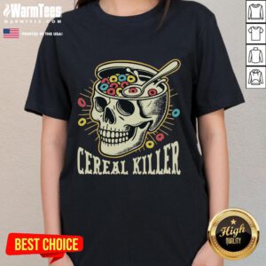 Funny Cereal Killer Skull Ladies Tee featuring a quirky skull design with cereal elements for a humorous twist.