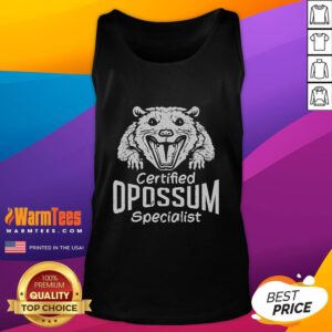 Alt Text: Funny certified opossum specialist wearing a possum tank top, showcasing humor and love for wildlife.