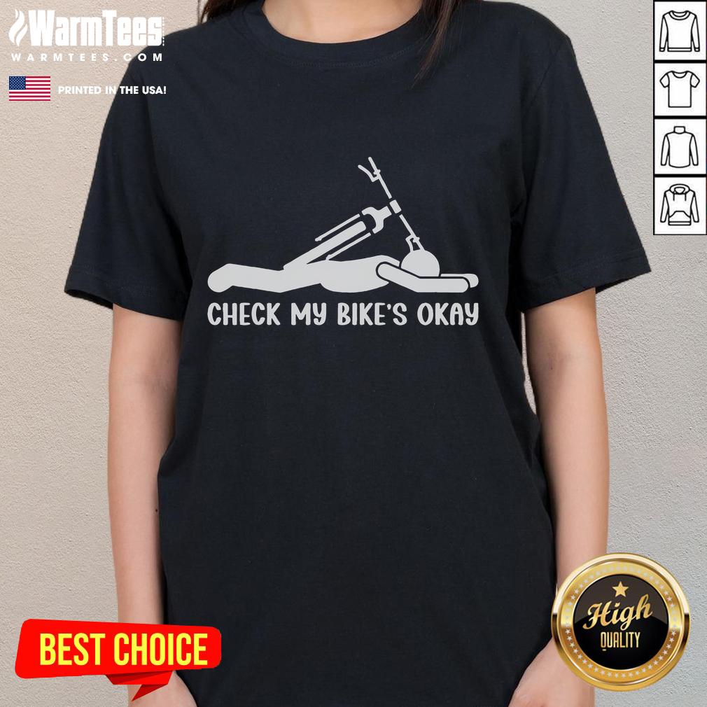 Funny Check My Bikes Okay tee featuring biking ladies, perfect for cycling enthusiasts and casual wear.