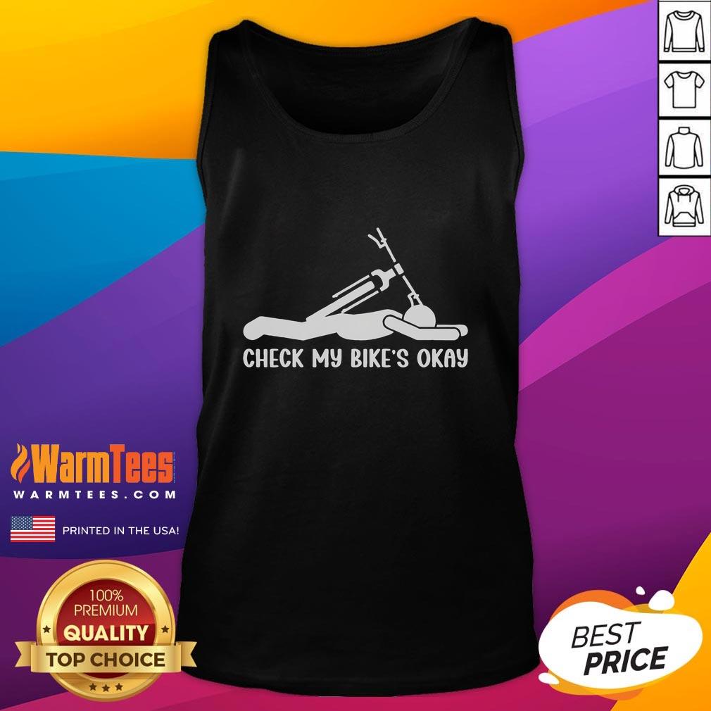 Funny biking tank top featuring 'Check My Bike's Okay' design, perfect for cycling enthusiasts and casual wear.