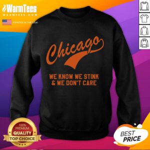 Funny Chicago sweatshirt featuring 'We Know We Stink, We Don't Care' slogan in bold letters, perfect for city pride.