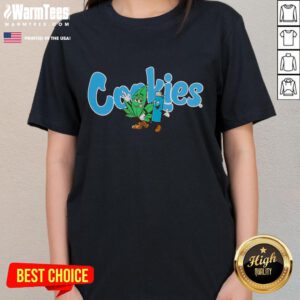 Funny cookies and weed lighter graphic on a ladies tee, perfect for cannabis enthusiasts and humor lovers.