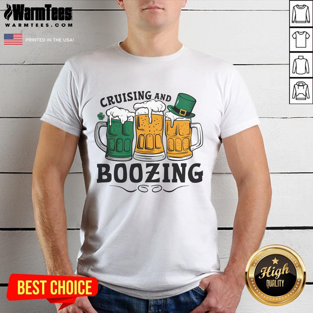 Alt Text: Funny Cruising and Boozing St Patrick's Day T-Shirt featuring playful shamrock graphics and festive text design.