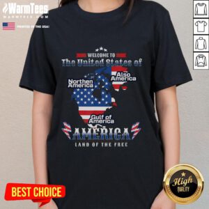 Alt Text: Funny Donald Trump tee featuring American flag, Canada, Greenland, and Gulf map design for ladies.
