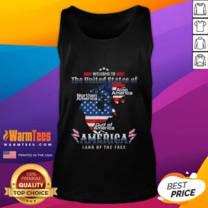 Alt Text: Funny Donald Trump tank top featuring American flag, Canada, Greenland, and Gulf map design.