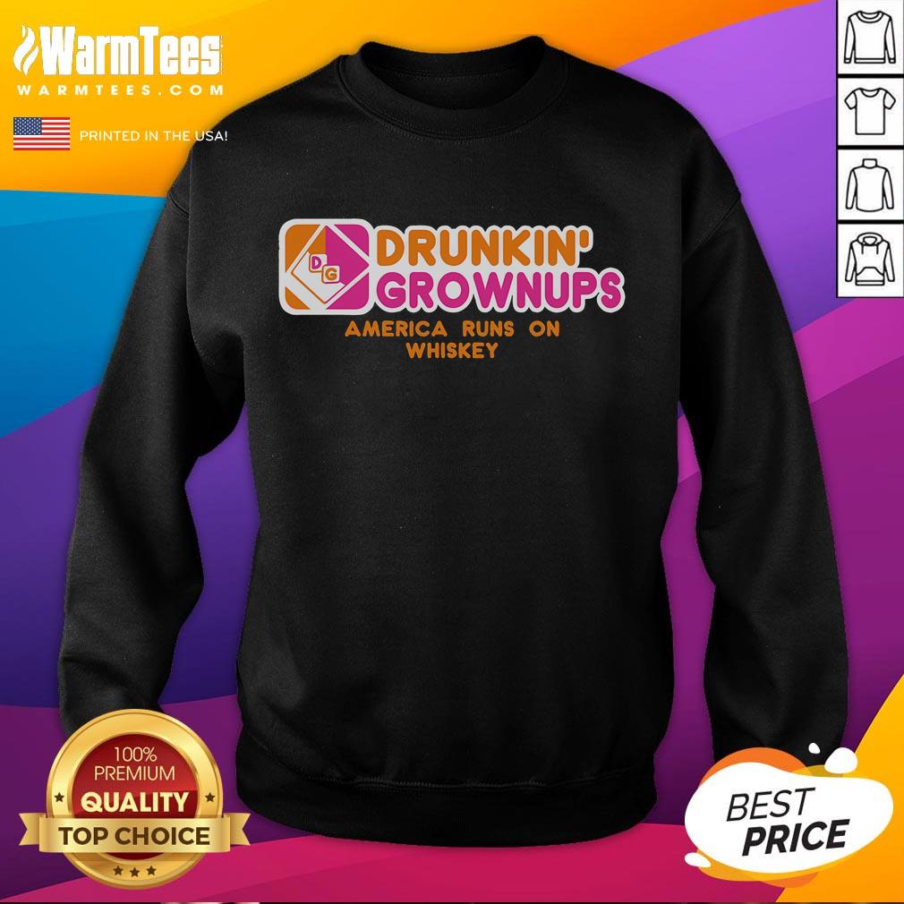 Funny drunk adults wearing 'America Runs On Whiskey' sweatshirt, showcasing humor and whiskey culture in a vibrant setting.