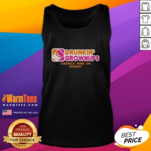 Funny drunkin grownups wearing America runs on whiskey tank top, showcasing humor and patriotism in casual fashion.