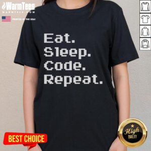 Alt Text: Retro ladies tee featuring the humorous phrase Eat Sleep Code Repeat in a playful design, perfect for programmers.