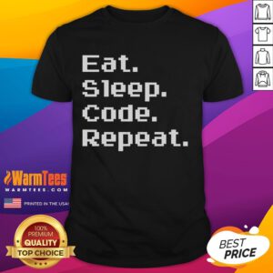 Funny Eat Sleep Code Repeat Retro T-Shirt showcasing a playful design for programmers and tech enthusiasts.