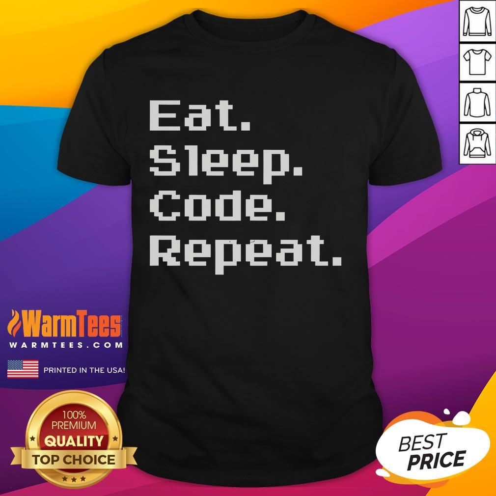 Funny Eat Sleep Code Repeat Retro T-Shirt showcasing a playful design for programmers and tech enthusiasts.