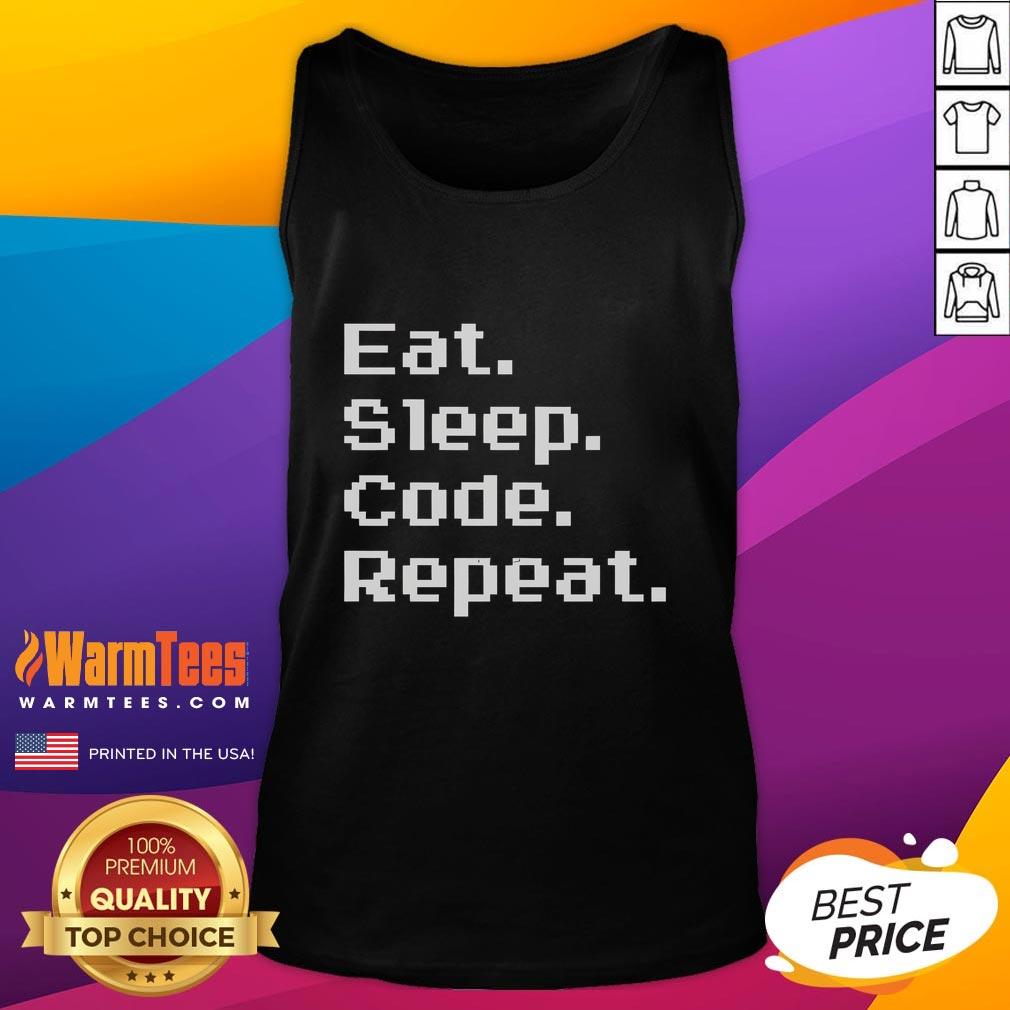 Funny Eat Sleep Code Repeat Retro Tank Top design featuring playful text and vibrant colors, perfect for programmers.