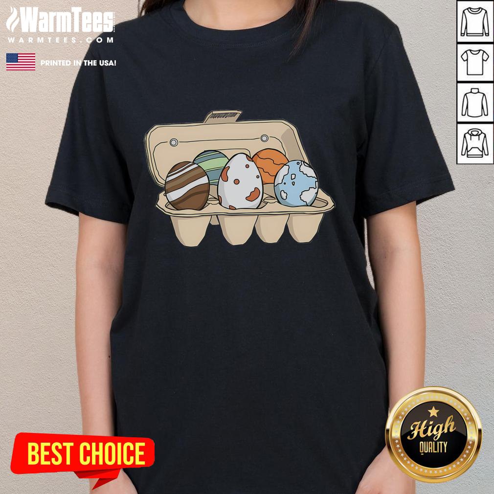 Funny Eggy Planets Ladies Tee featuring colorful planet designs and a whimsical egg character for a fun, stylish look.