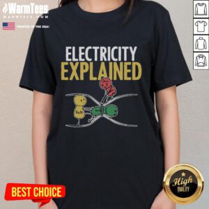 Funny Electricity Explained illustration for electricians, featured on a ladies tee, showcasing humor in electrical concepts.