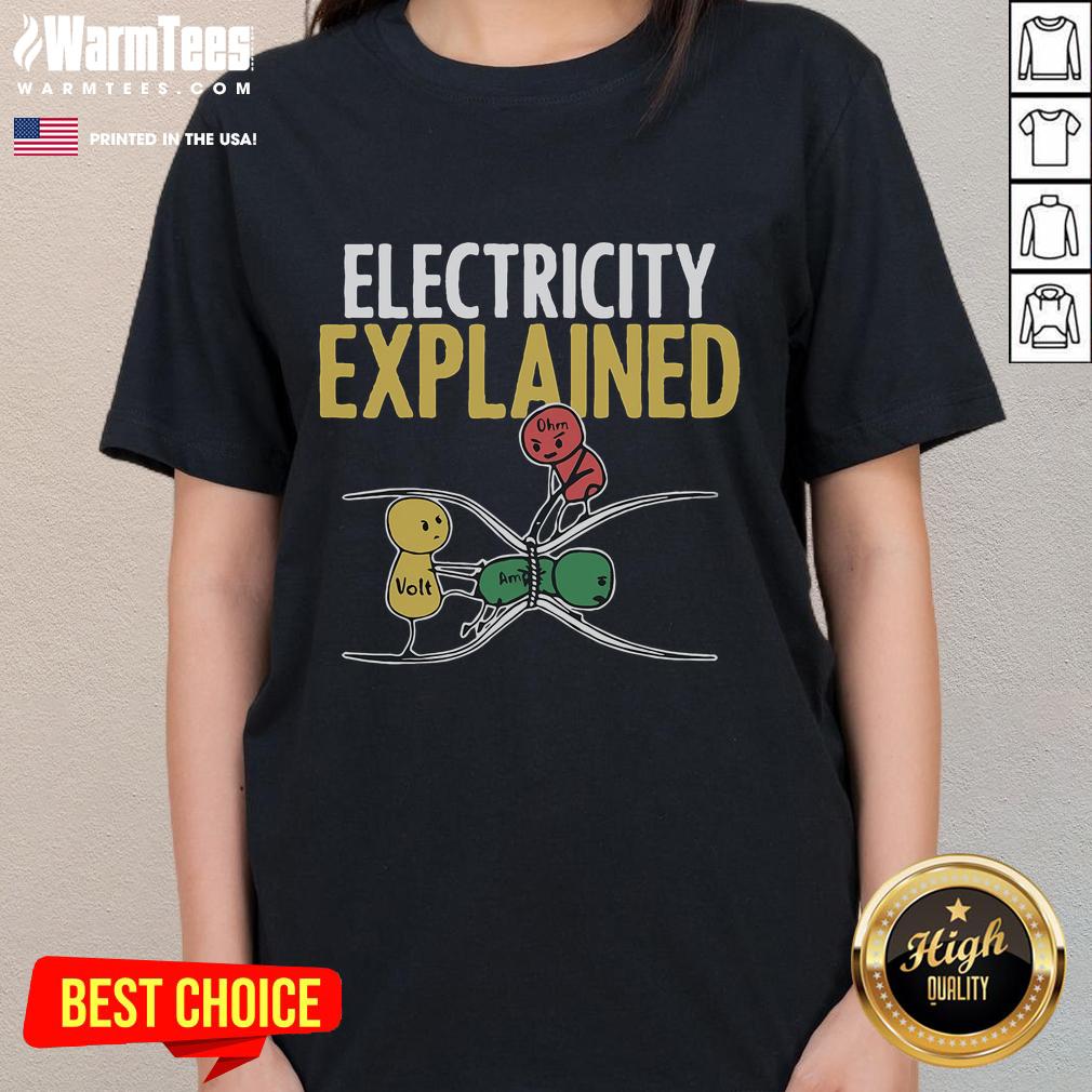 Funny Electricity Explained illustration for electricians, featured on a ladies tee, showcasing humor in electrical concepts.