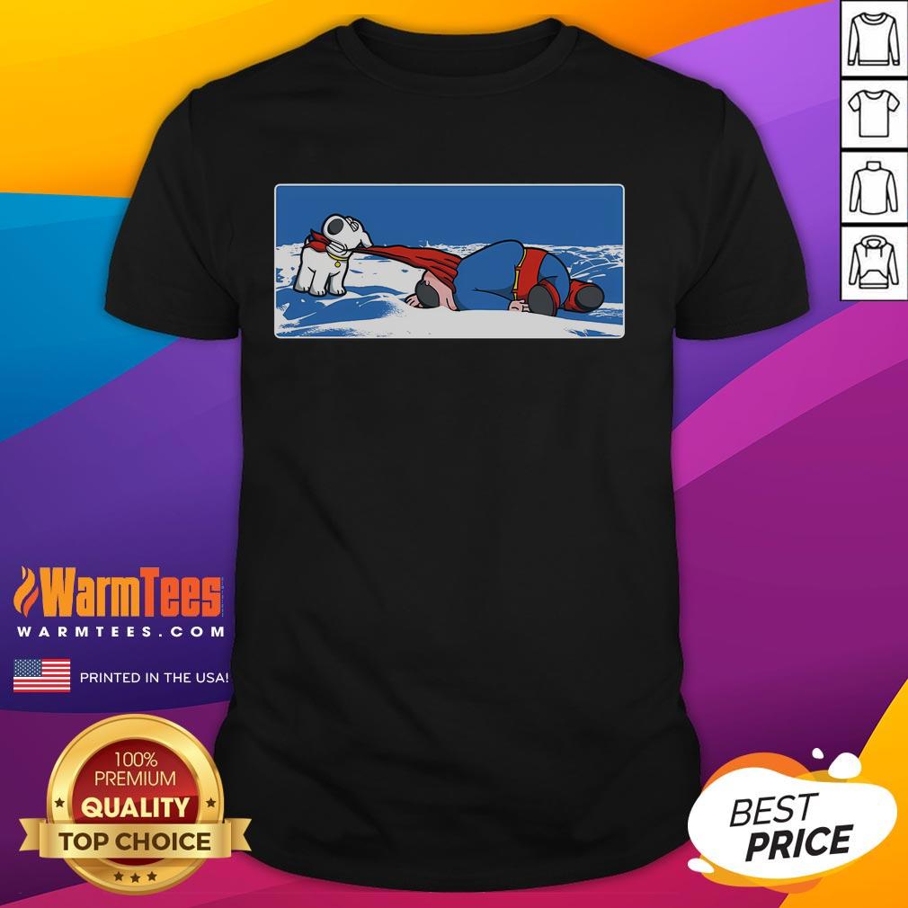 Funny Family Guy Death Pose Griffin graphic on an Arctic-themed T-shirt, showcasing humor and pop culture style.