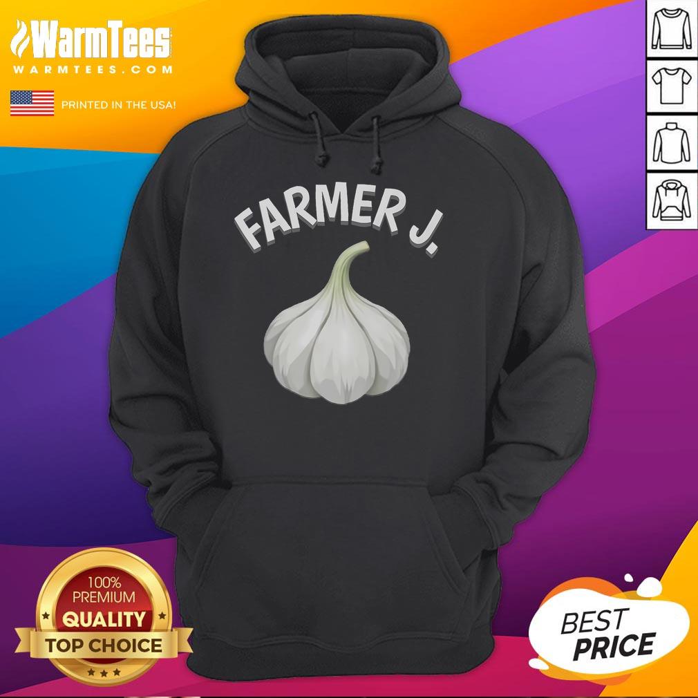 Funny Farmer J wearing a garlic hoodie, showcasing humor and style in farming fashion.