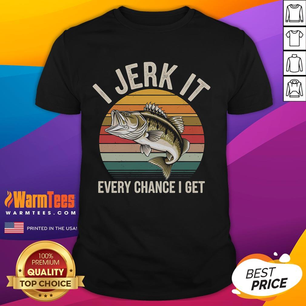 Funny Fishing T-Shirt featuring 'I Jerk It Every Chance I Get' slogan with a bass fish graphic for fishing enthusiasts.