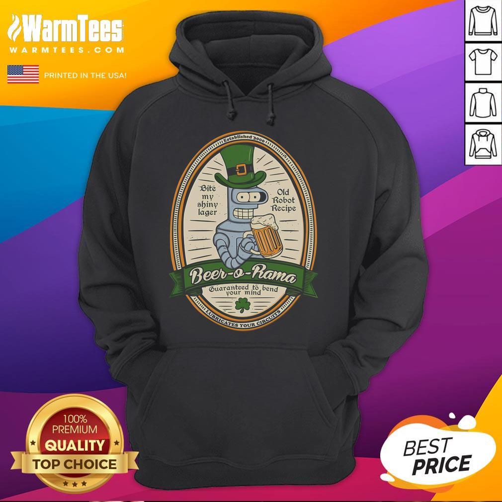 Funny Futurama Beer O Rama Bender St. Patrick's Day hoodie featuring Bender drinking beer with festive green accents.